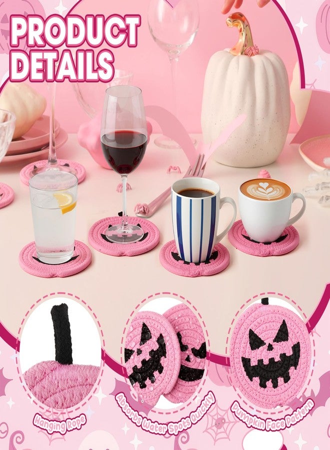 LemonRoad 4 Pcs Halloween Pumpkin Coaster Pink Black Pumpkin Cotton Coasters 4.7 Inch Absorbent Cup Mat Pad Cup Place Mats for Drinks Beverage Home Office Halloween Party Decor Gifts - Image 3